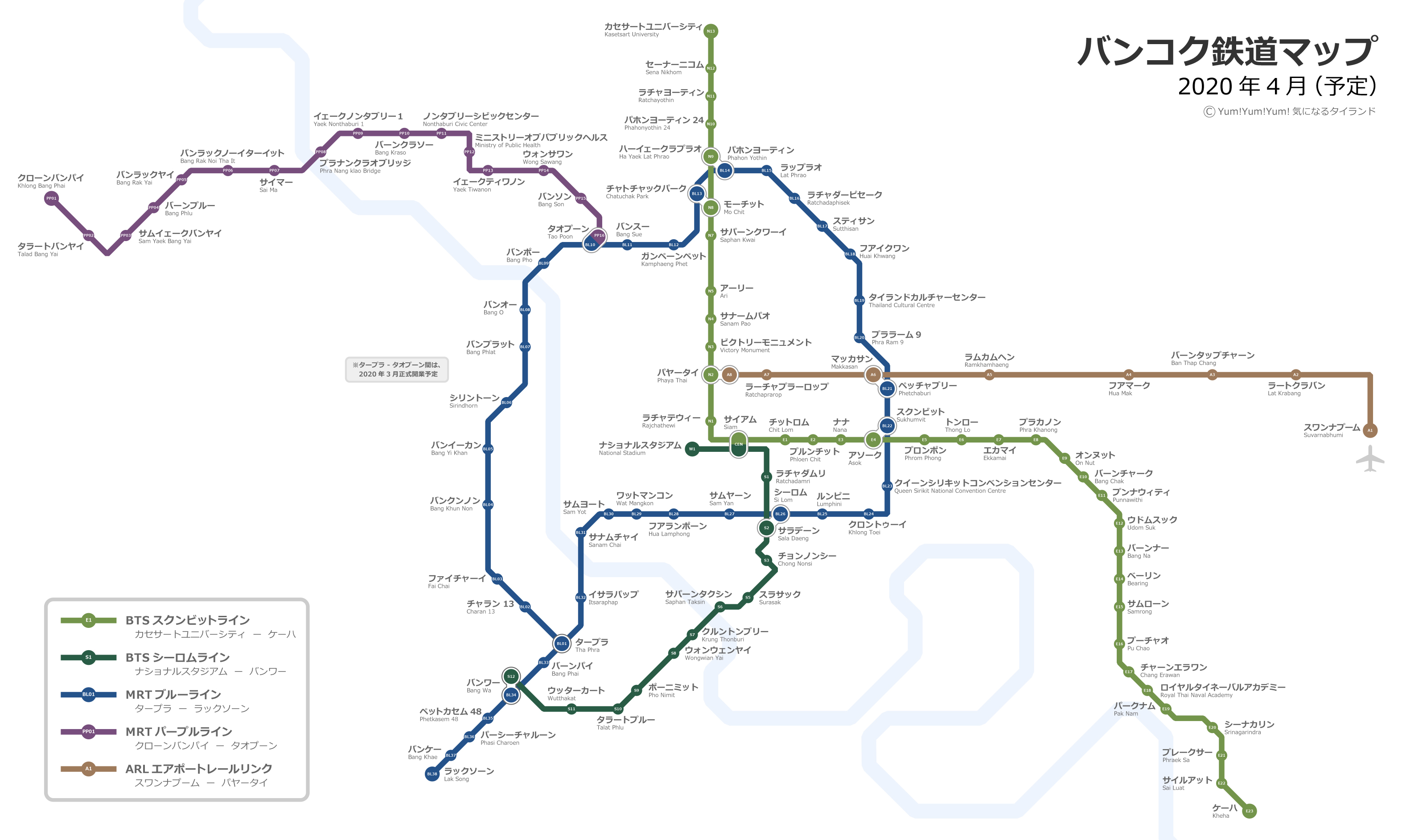 2020年最新版バンコクBTS、MRT、ARL路線図